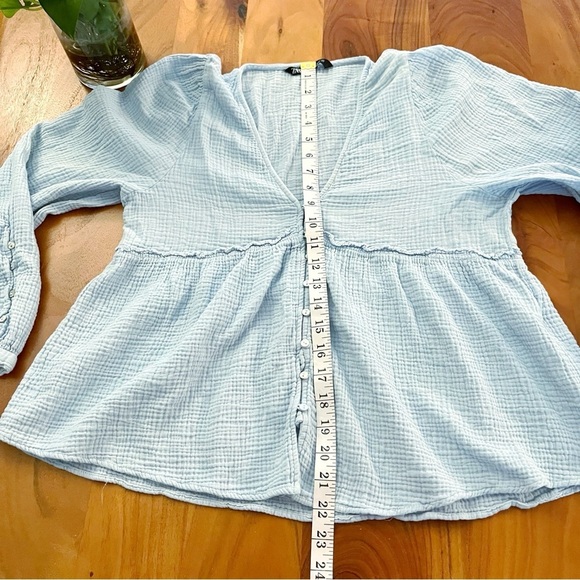 ZARA Blue Pastel Babydoll Cotton V Neck Button Front Long Sleeves Blouse Top. - Picture 10 of 11